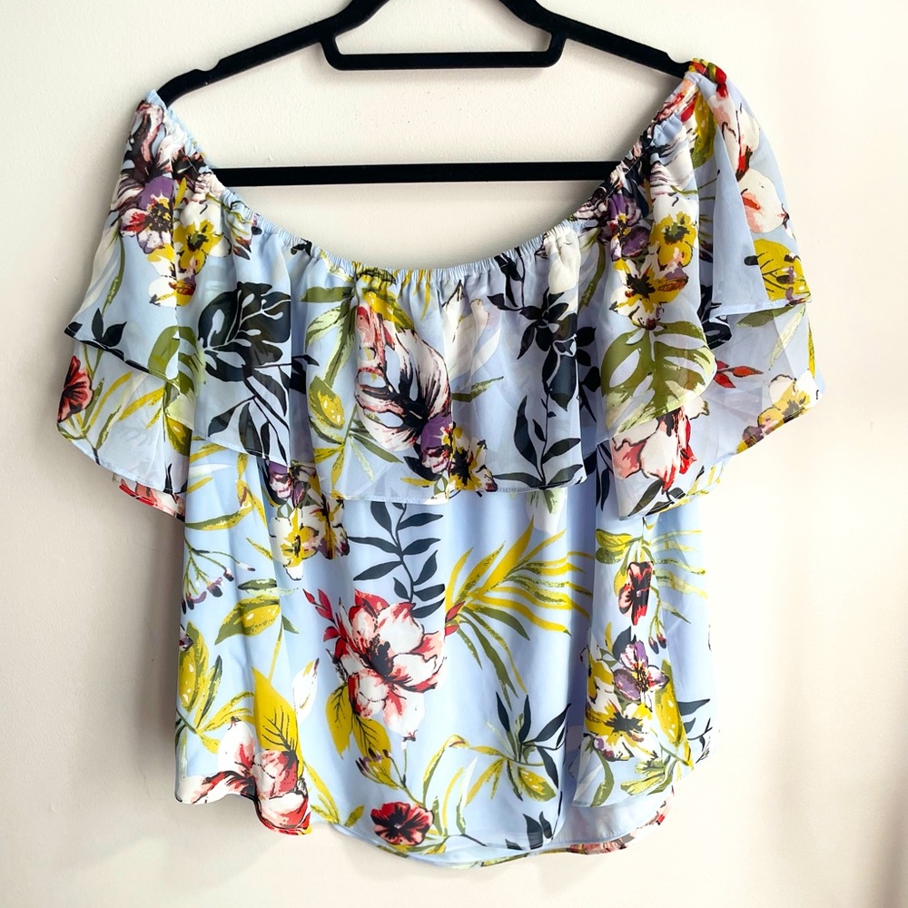 Off-Shoulder Blue Floral Ruffle Women's Top - Picture 5 of 8